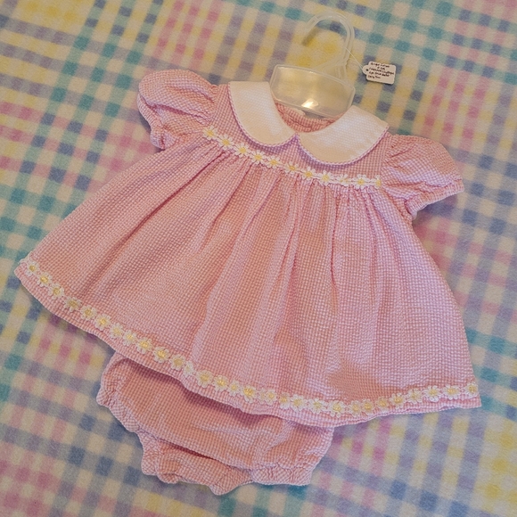 BRIGHT FUTURE ♡ Vintage 2pc Pink|White Daisy Floral Seersucker Dress Outfit 0-3M - Picture 3 of 15